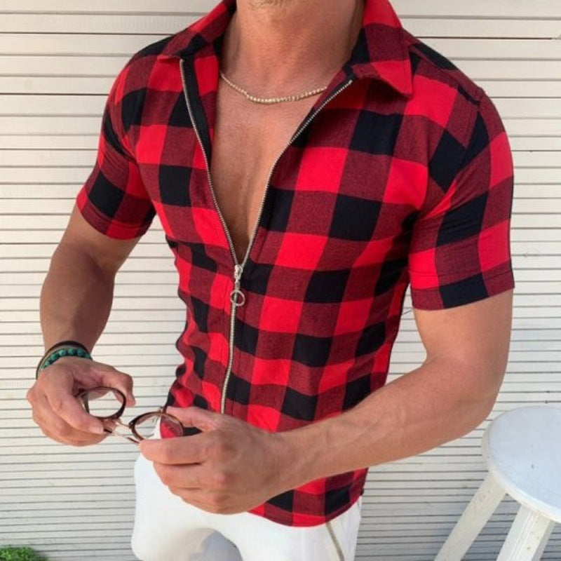 Mens Zipper  Plaid T Shirt