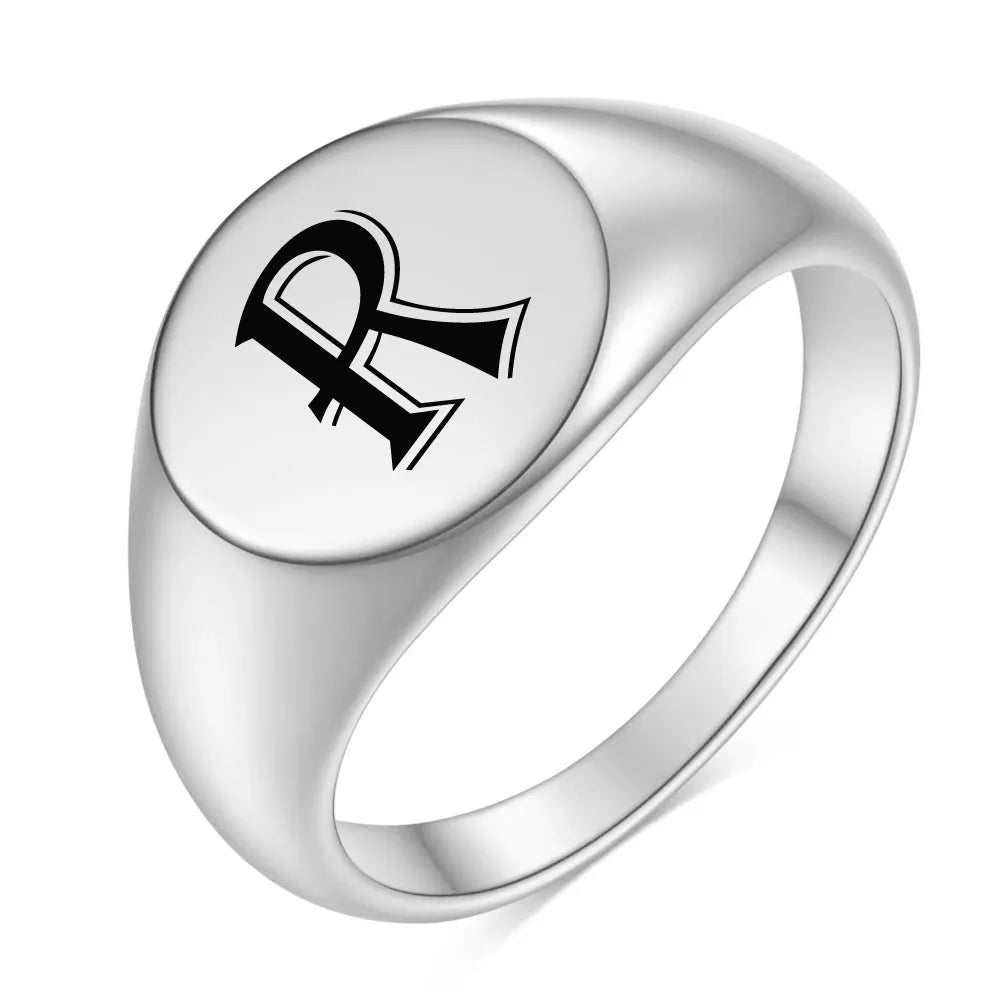 Wide Carving A-Z Initials Face Ring