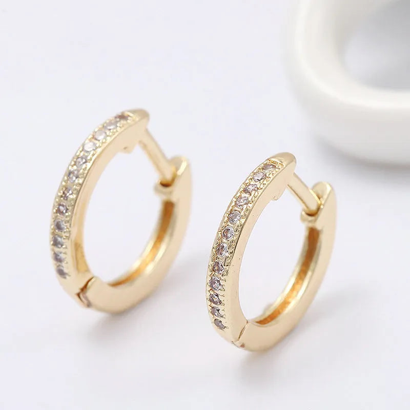 Gold Color Brass and Zircon Round Circle Earrings