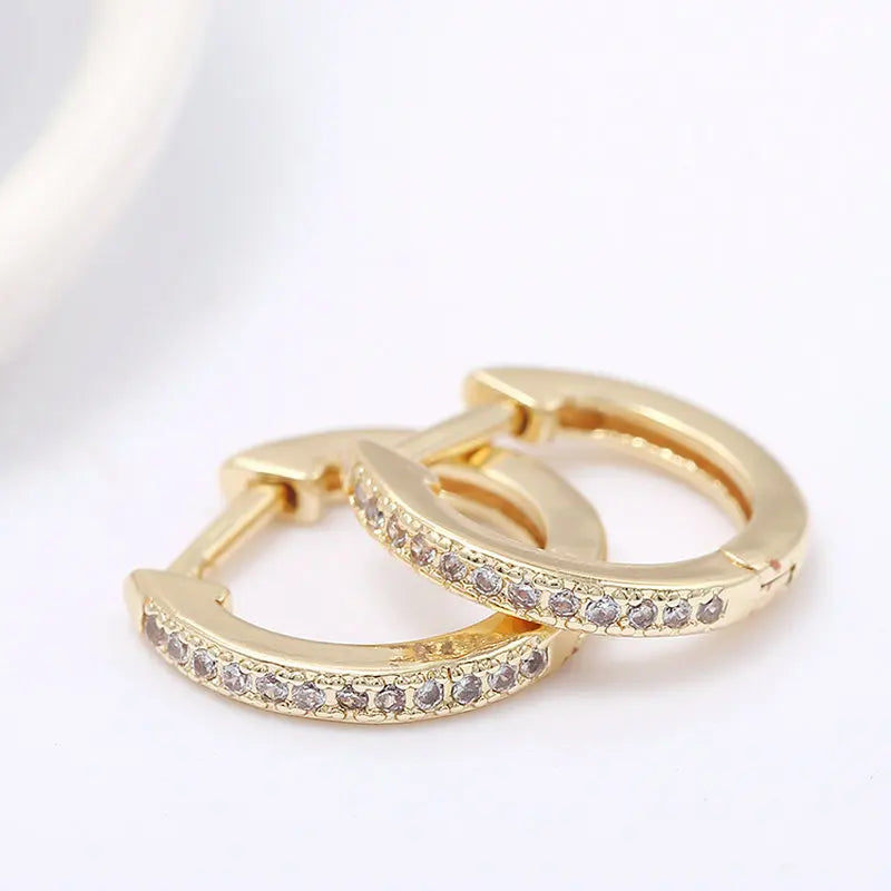 Gold Color Brass and Zircon Round Circle Earrings