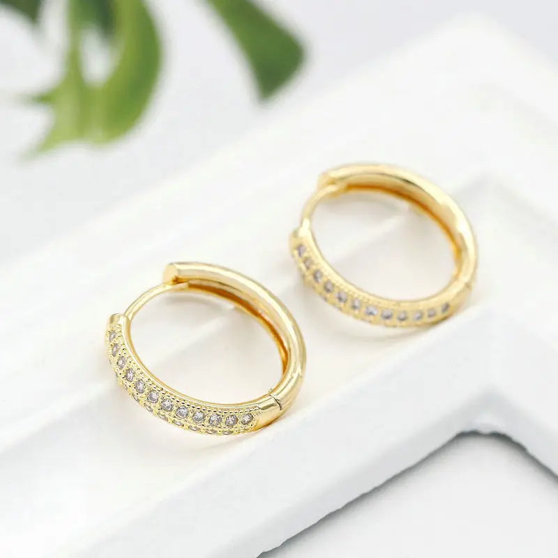 Gold Color Brass and Zircon Round Circle Earrings