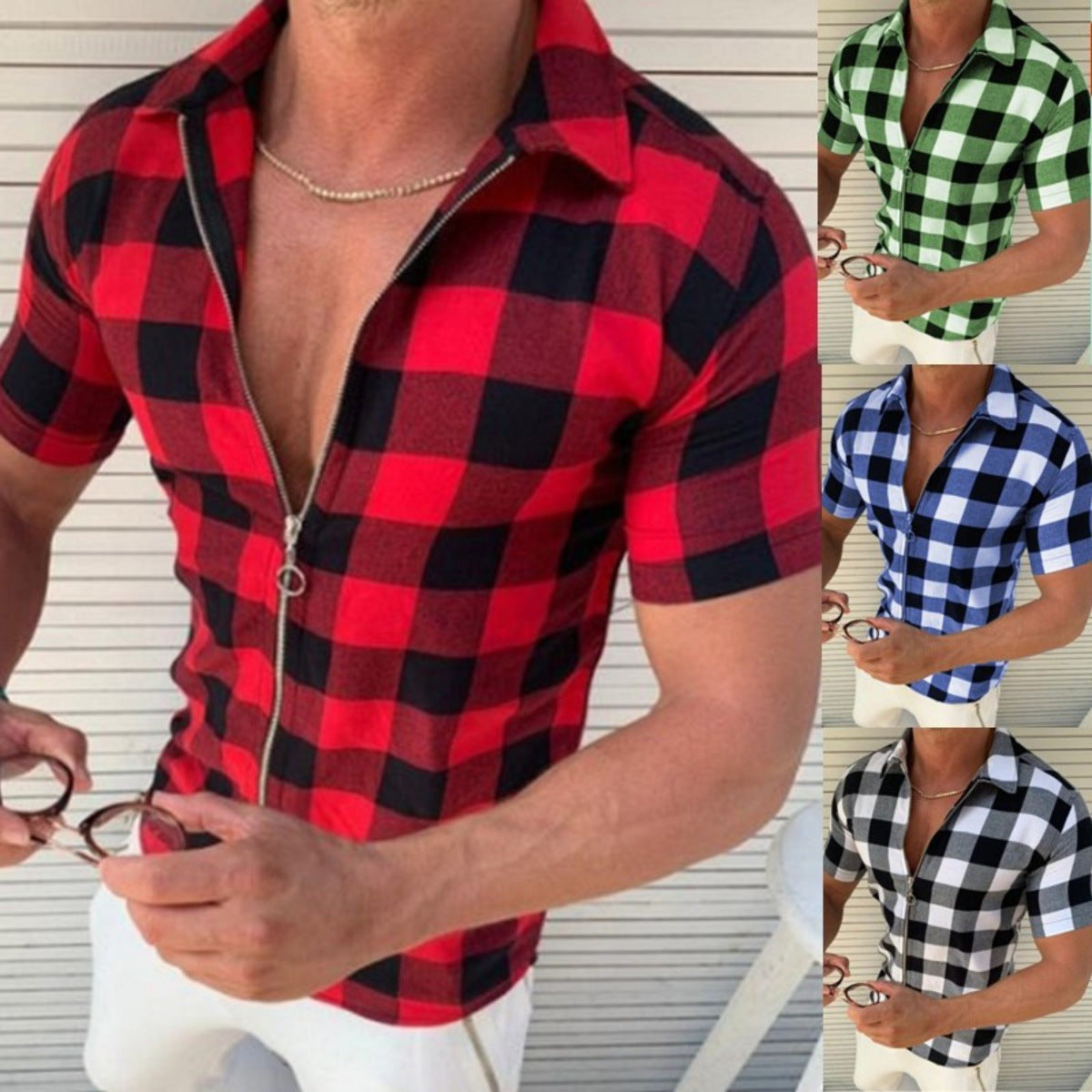 Mens Zipper  Plaid T Shirt