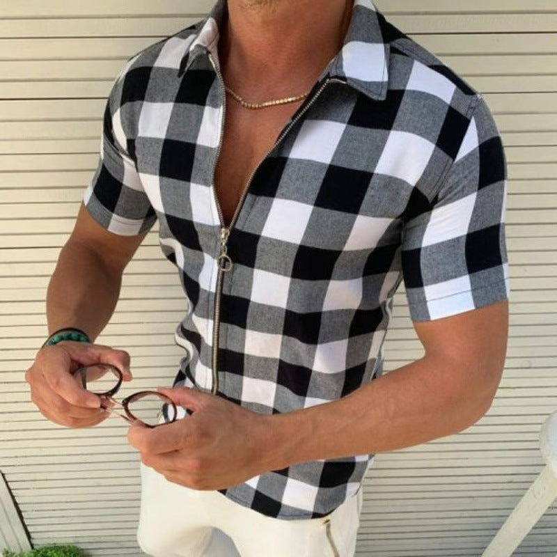 Mens Zipper  Plaid T Shirt